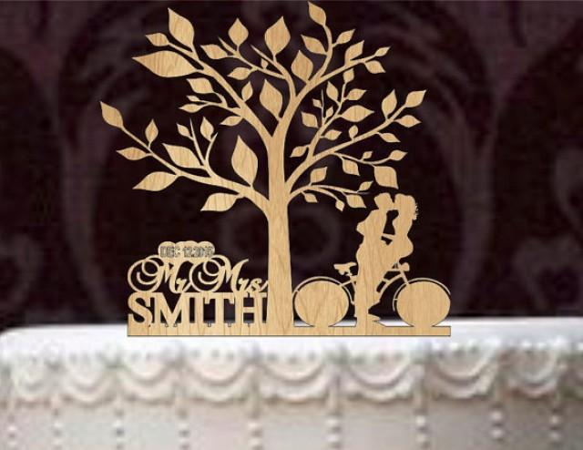 wedding photo - Custom Wedding Cake Topper Personalized Mr and Mrs with a bicycle silhouette your last name - Rustic Wedding Cake topper with a Tree of life