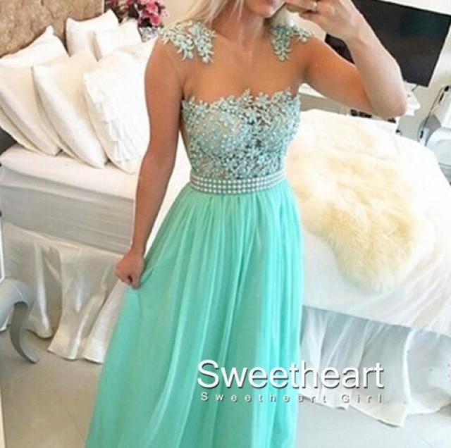 wedding photo - Green A-line round neckline Lace Chiffon Long Prom Dresses, Formal Dress from Sweetheart Girl
