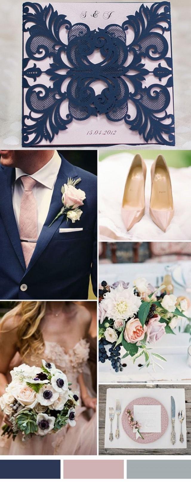 wedding photo - Navy Blue And Blush Pink Laser Cut Wedding Invitation Kit EWWS036