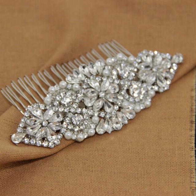 wedding photo - Large Crystal Bridal Hair Comb Wedding Jewelry Art Deco Vintage Inspired Pearl Rhinestone Bridal Headpiece