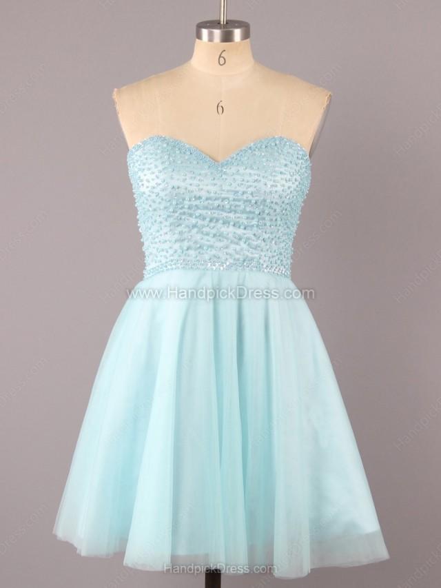 wedding photo - A-line Sweetheart Satin Tulle Pearl Detailing Short/Mini Prom Dresses