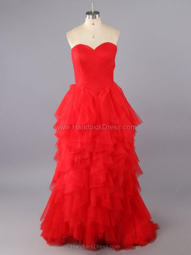 wedding photo - A-line Sweetheart Tulle Cascading Ruffles Sweep Train Prom Dresses