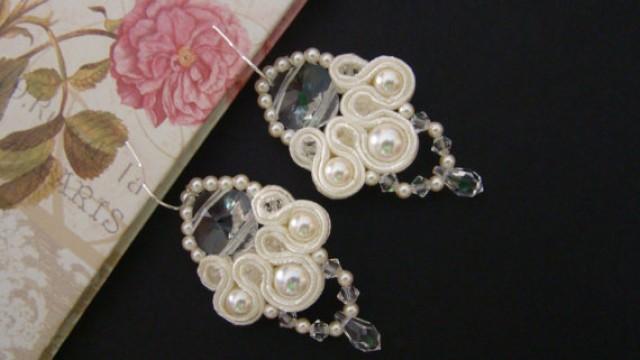 wedding photo - Pearl Wedding Jewelry Pearl Earrings - Teardrop Earrings - Pearl Chandelier Earrings - Soutache Bridal Earrings - Tessa