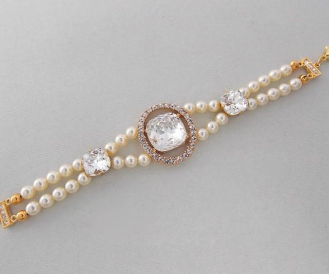 wedding photo - Wedding Bracelet - GOLD Bracelet, Bridal Bracelet, Deco Bracelet, Vintage Style, Pearl Bracelet, Crystal Bracelet, Swarovski Crystal -REESE