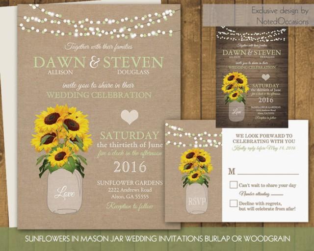 wedding photo - Sunflower Wedding Invitations Set - Sunflowers in Rustic Mason Jar on Burlap or Country Wood- Digital Printable Sunflower Wedding DIY Files