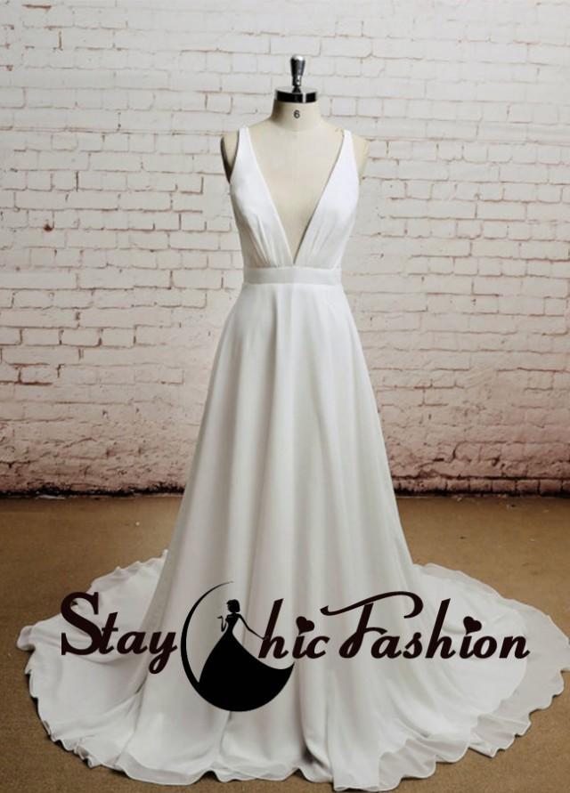 wedding photo - Sexy Backless Deep V Neck A Line Satin White Bridal Formal Dress