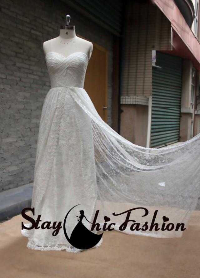 wedding photo - Pleated Bust Ivory Strapless Lace Overlay Wedding Bridal Dress 2015 Sale