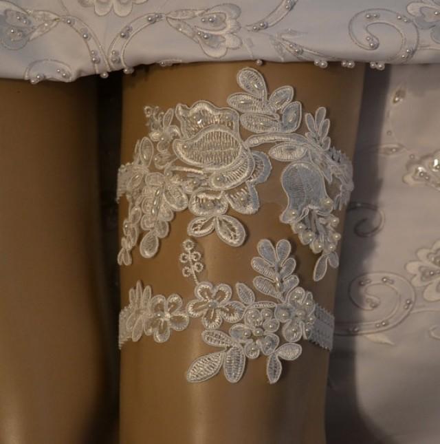 wedding photo - Lace Wedding Garter Set, Wedding Garter, Unique Ivory Beaded Lace Bridal Garter Set, Ivory Lace Wedding Garter Set, Vintage Style Garter Set