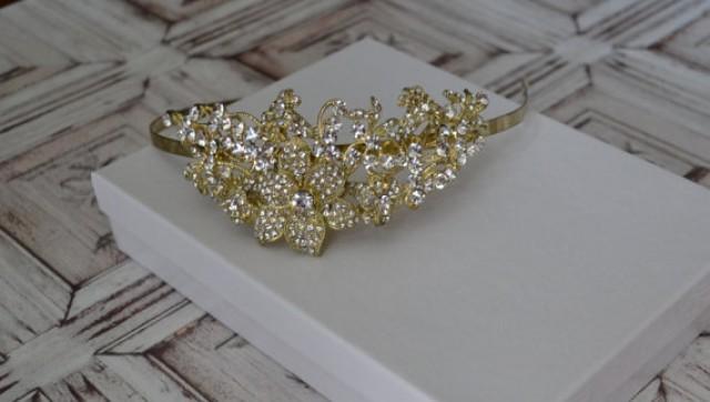 wedding photo - Gold Wedding Headband, Gold Bridal Head Piece, 18K Gold Plated Flower & Leaf Austrian Rhinestone Crystal Tiara, Unique Gold Plated Headpiece