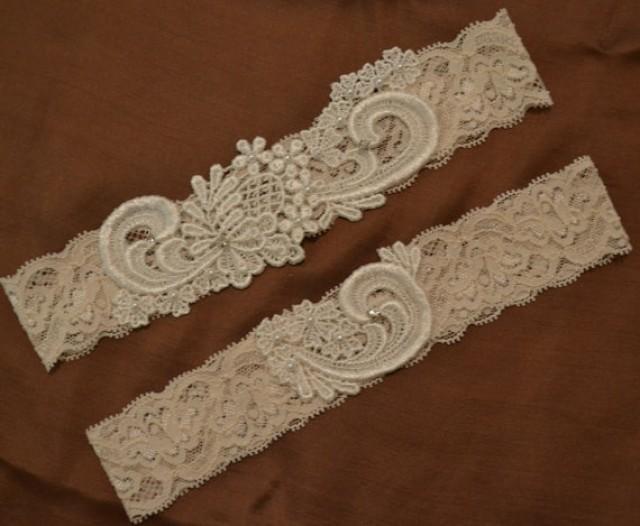 wedding photo - Sale Lace Wedding Garter Set, Unique Ivory or White Venice Lace Bridal Garter Set With Pearls and Rhinestones, Vintage Style