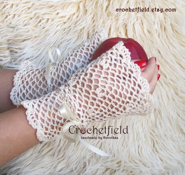 wedding photo - Handmade crochet Ivory Wrist Cuffs with satin ribbon, Fingerless, Bridal Accessories, Wedding Jewelry, victorian lace fingerless gloves, crochet cuff