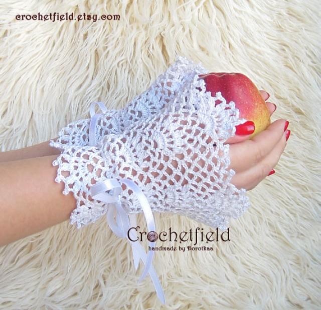 wedding photo - Handmade crochet  White Wrist Cuffs with satin ribbon, Fingerless, Bridal Accessories, Wedding Jewelry, victorian lace fingerless gloves, crochet cuff