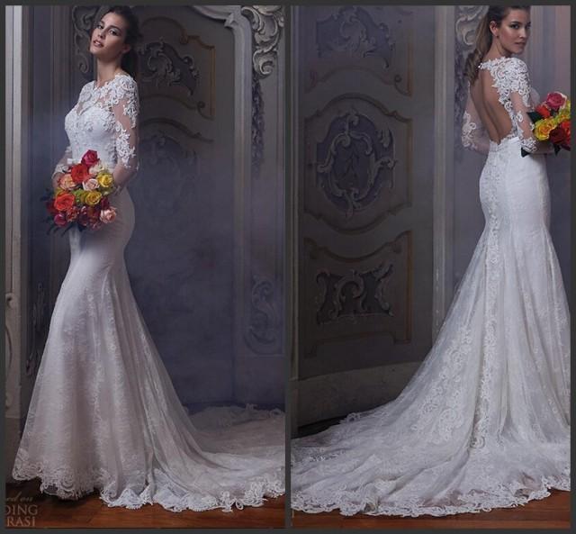 wedding photo - Gorgeous Jillian Wedding Dresses Illusion 2016 Garden Mermaid Applique Beads Backless Sheer Lace Sheer Bridal Gowns Long Sleeve Sweep Train Online with $134.4/Piece on Hjklp88's Store 