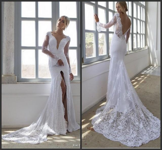 wedding photo - Sexy Backless Mermaid Lace Sheer Riki Dalal Wedding Dresses Sexy Long Sleeve Illusion High Split 2016 Garden Bridal Gowns Vestidos De Noiva Online with $130.84/Piece on Hjklp88's Store 