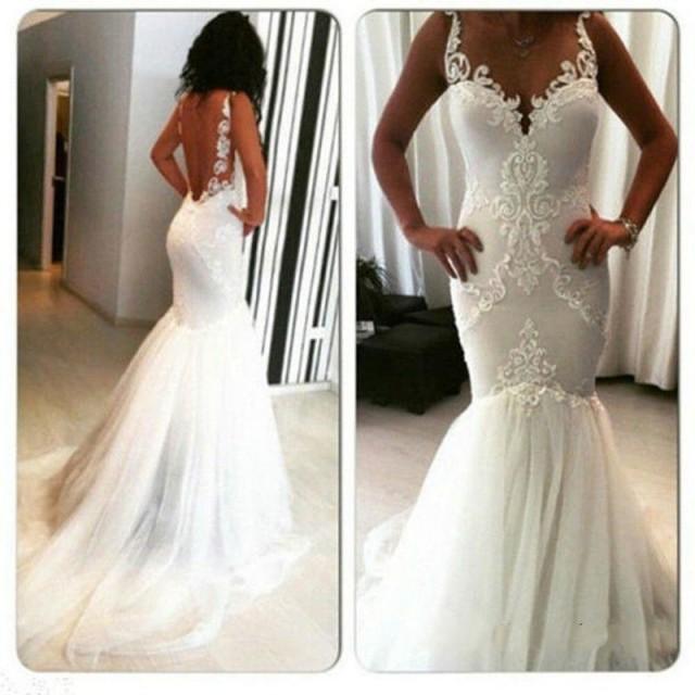 wedding photo - Sexy Mermaid Wedding Dresses 2016 White Real Image Garden Trumpet Backless Spaghetti Applique Tulle Bridal Gowns Dress Wedding Style Online with $120.61/Piece on Hjklp88's Store 