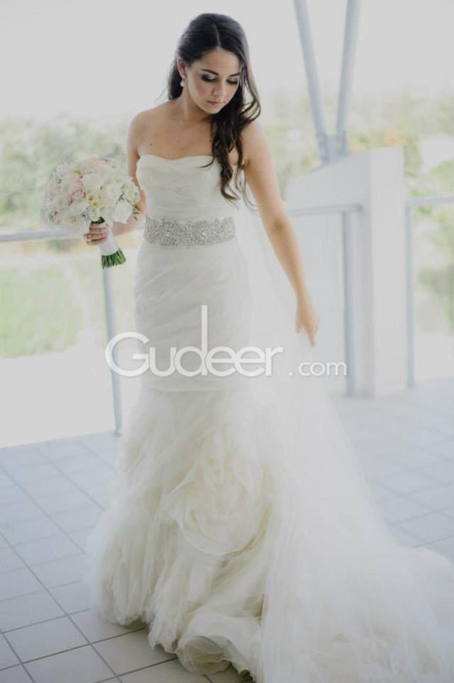 wedding photo - Gorgeous Mermaid Strapless Layered Tulle Wedding Dress with Crystal Belt