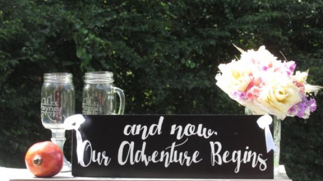 wedding photo - and now, Our Adventure Begins" © / Ring Bearer Flower Girl Sign / Painted Solid Wood / Wedding Sign