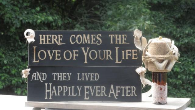 wedding photo - Rustic Distressed / "Here comes the Love of your life" "and they lived Happily Ever After" Double Sided Ring Bearer Sign / Painted Wood