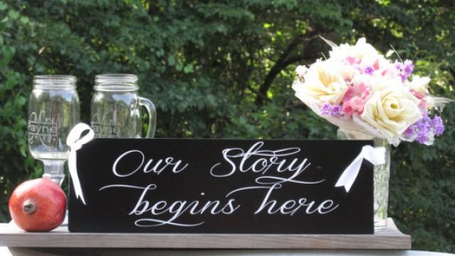 wedding photo - Our Story Begins Here" © / Ring Bearer Flower Girl Sign / Painted Solid Wood / Wedding Sign