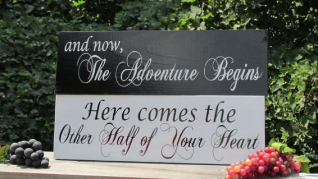 wedding photo - Double Sided "Here comes . . . your heart""and now, The Adventure Begins" © / Painted Solid Wood / Wedding Sign / Ring Bearer / Flower Girl