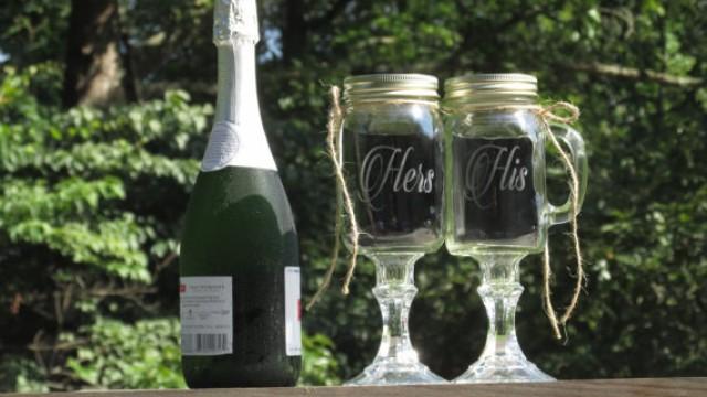 wedding photo - Pair of Personalized His Hers Mason Jar Redneck Wine Toasting Glasses / Rustic, Country, Barn Weddings / Daisy Lids / Choice of Fonts