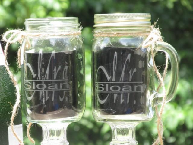 wedding photo - Elegant Pair of Personalized Redneck Wine Toasting Glasses / Mr. Mrs. Last Name / Daisy Lids / Mason Jars / Now, I am Complete ©