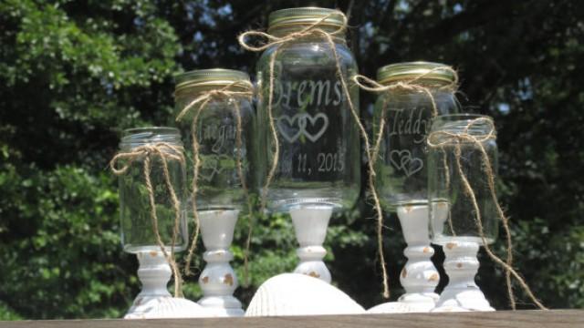 wedding photo - Shabby Chic Mason Jar 6 Piece Blended Family of 5 Unity Sand Set / Personalized Toasting Glasses / Linked Hearts / Wood Stands / Fonts