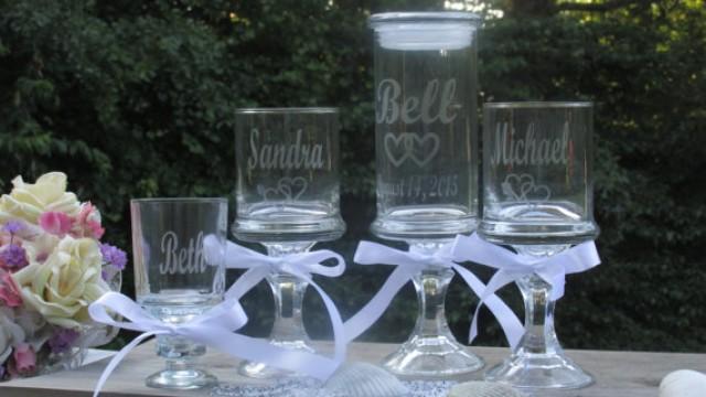 wedding photo - Blended Family of 3 Unity Sand Set / 4 Piece Apothecary / Linked Hearts / Personalized / Etched Toasting Glasses / Children / Choice of Font