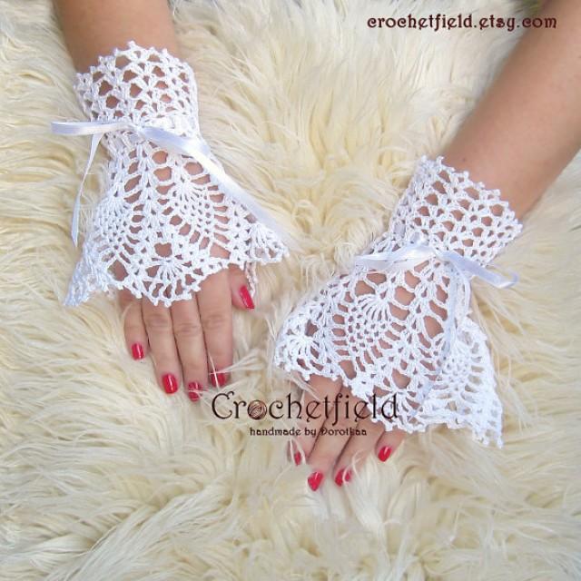 wedding photo - Crochet handmade White Wrist Cuffs with satin ribbon, Fingerless, Bridal Accessories, Wedding Jewelry, victorian lace fingerless gloves, crochet cuff