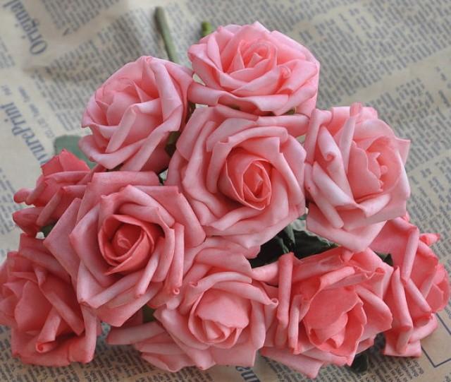 wedding photo - 72 pcs Artificial Flowers Coral Pink Wedding Flowers Supplies Fake Foam Roses Floral Wedding Decor Bridal Bouquet Flowers