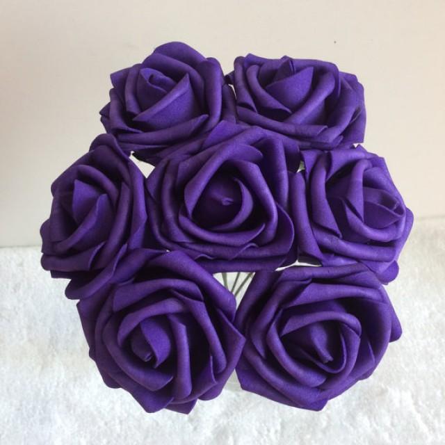 wedding photo - 100 pcs Dark Purple Wedding Flowers Artificial Foam Roses Diameter 3" For Bridal Bouquet Table Centerpiece