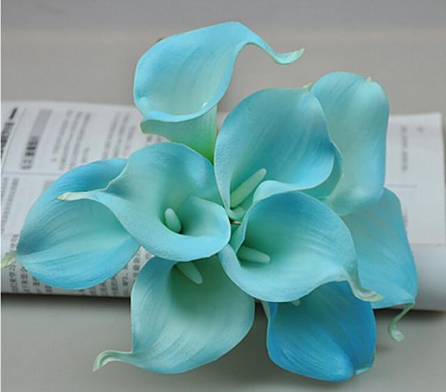 wedding photo - Tiffany blue calla lilies real touch flowers for wedding bouquet