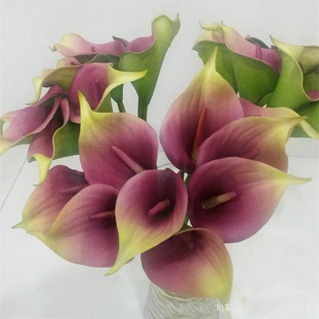wedding photo - 9pcs Purple Green Real Touch Calla Lilies Natural Calla Lily Bouquet For Corsage Flowers Vintage Wedding Decor