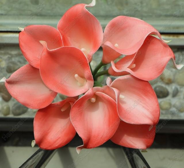 wedding photo - 10pcs Coral Flowers Real Touch Callas Lilies Bouquet For Wedding Brides Bridesmaids Corsage DIY Flowers