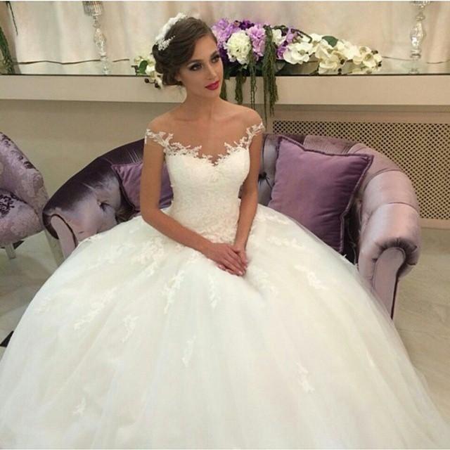 wedding photo - Vintage Ball Gown Wedding Dresses 2015 Off The Shoulder Lace Sheer Neck A-Line Capped Tulle Princess Custom Made Bridal Dress Gowns Cheap Online with $133.51/Piece on Hjklp88's Store 