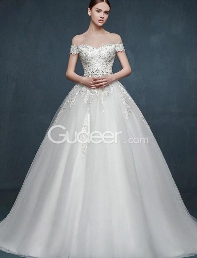 wedding photo - A Line Stunning Off the Shoulder Corset Lace Tulle Wedding Dress