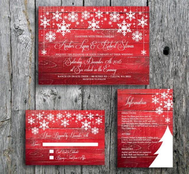 wedding photo - Winter Wedding Invitation Suite with Snowflakes on Red Barn Wood - Printable Wedding Invitation, RSVP and Guest Information Card