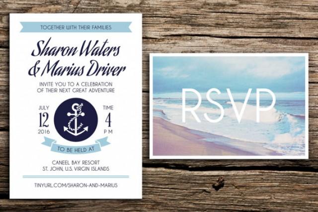 wedding photo - Nautical Adventure Wedding Invitation and Postcard RSVP // Beach Wedding Invitation Light Blue Navy Blue Anchor Coastal Wedding Invitations