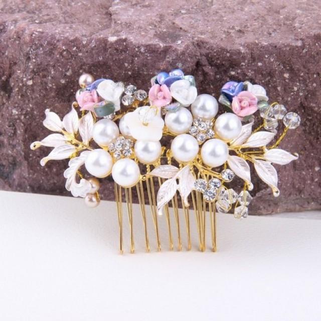 wedding photo - Colorful Handmade Pearl Bridal Hair Comb Crystal Gold Wired Headpiece For Brides