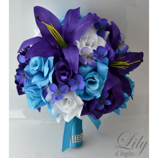 wedding photo - Purple White Turquoise (Malibu) - Wedding Bridal Bouquet Silk Flowers