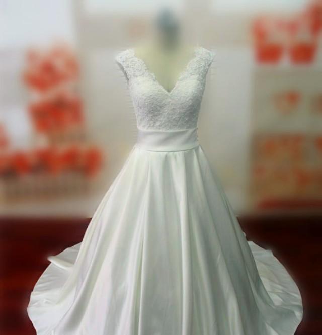 wedding photo - Real Samples Lace Bodice Wedding Dress with Sash, Chapel Train Lace-up Bridal Gown