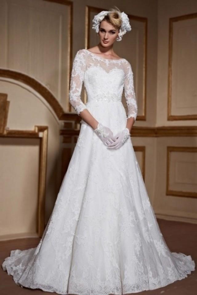 wedding photo - Elegant 3/4 Sleeves Lace Up Court Train Lace Bridal Gown- AU$ 1,032.74 - DressesMallAU.com