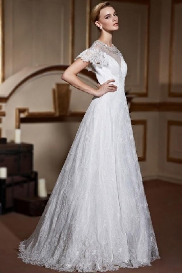wedding photo - Elegant Short Sleeves A Line Ivory Lace Bridal Dress- AU$ 646.82 - DressesMallAU.com
