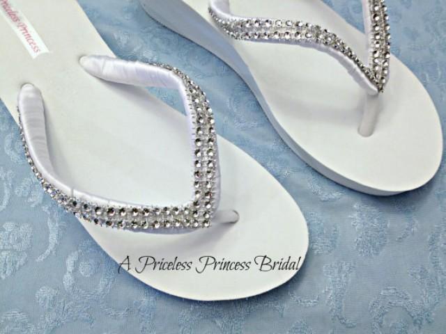 Bridal Wedge Flip Flops White Ivory Beach Wedding Beach Wedding Shoes RhinestonesPlatform Girls Bridesmaid, Bling Crystal