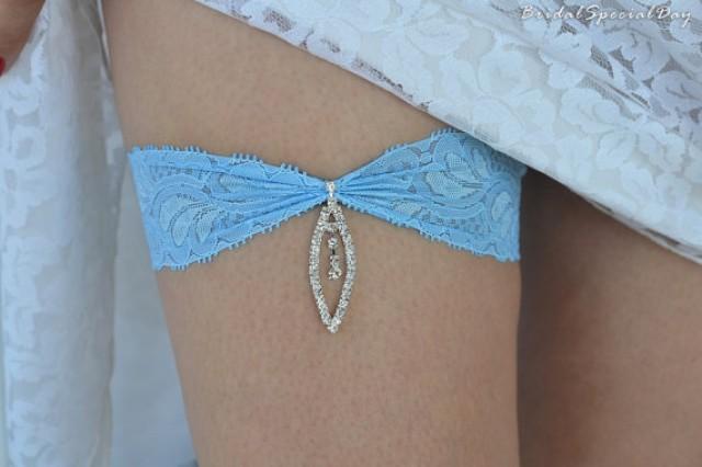 wedding photo - Sky Blue Wedding Garter Set Stretch Lace Bridal Garter With Leaf Rhinestone Charm - Handmade Bridal Accessories