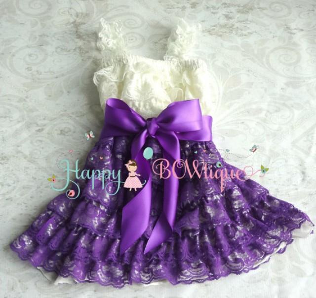 wedding photo - Flower girl dress- Purple Ivory Plum Bow Lace Dress, baby girl dress,Rustic wedding dress,baby dress,flower girl dress,Purple dress,Birthday