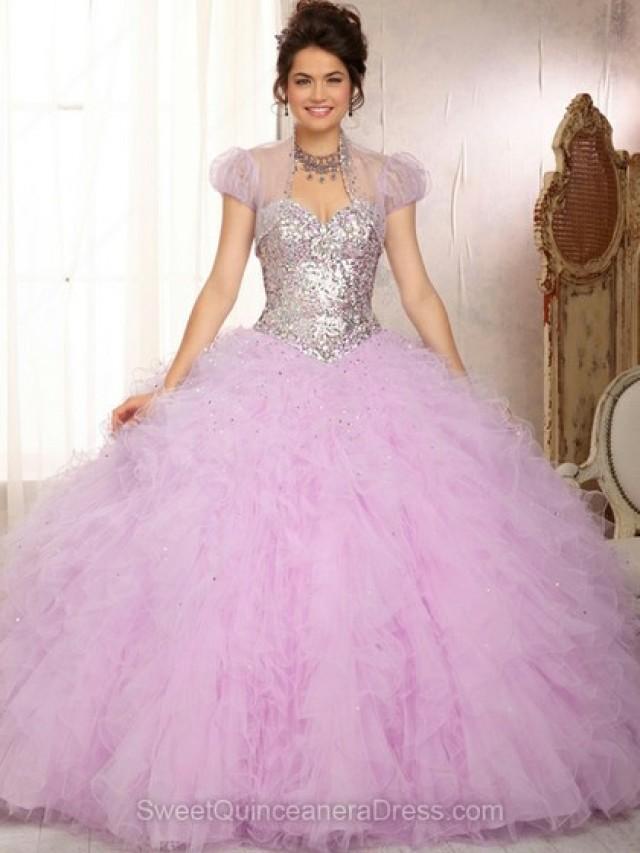 wedding photo - Ball Gown Sweetheart Tulle Satin Sweep Train Beading Quinceanera Dresses