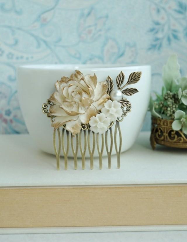 Antique Gold Rose Comb, Gold Ivory Rose Flower Comb, Rose and Leaf Wedding Comb, Bridal Hair, Vintage Rustic Gold Wedding, Bridesmaids Gifts