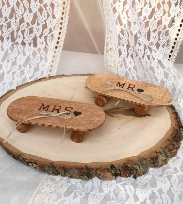 wedding photo - Skateboard Ring Bearer Pillow Alternative Wedding Pillow Wood Skateboard Ring Holder MR and MRS Sports Decor Play
