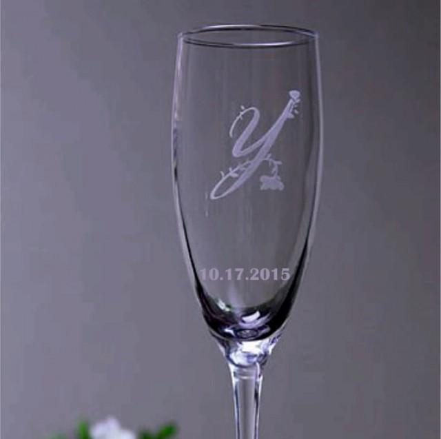 wedding photo - Personalized Champagne Glass, Mr and Mrs Wedding Toasting Glass, Custom Engraved Champagne Flute